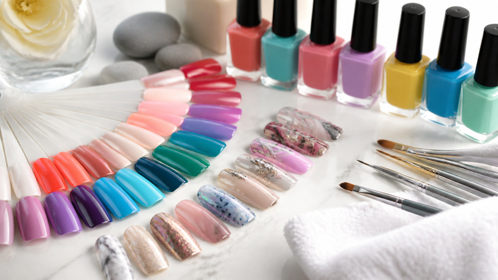 Colorful polish swatches and nail art samples